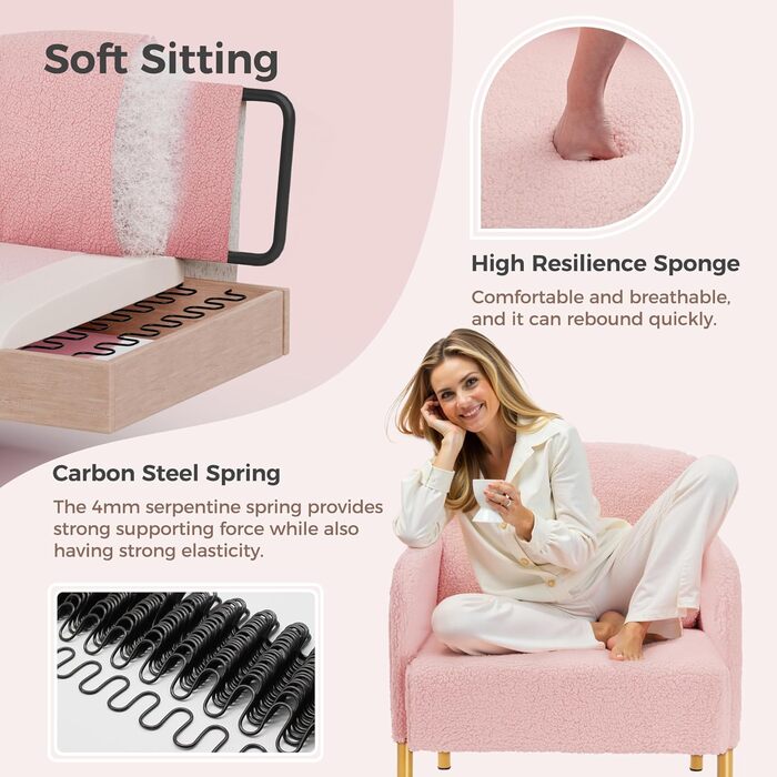 Крісло Mondeer, одномісний диван з бічною кишенею та металевими ніжками, зручна тканина зі штучної овчини, сучасний, для вітальні, спальні, кабінету, 63 x 75 x 75 см, рожевий.