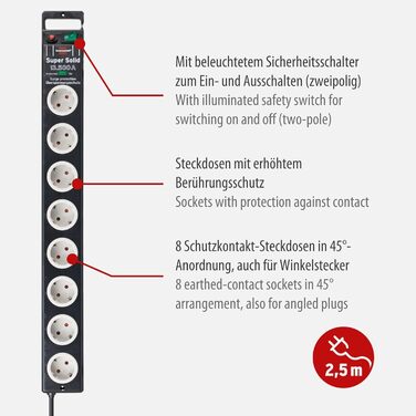 Розетка 8-місна з захистом від перенапруги (розетка з кабелем 2,5 м і вимикачем, розетка з ударостійкого полікарбонату) чорна/сіра