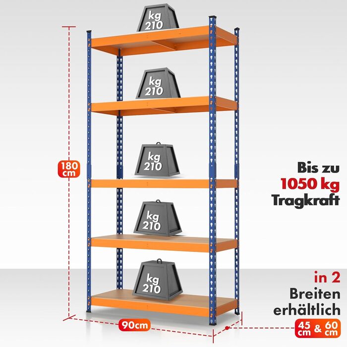 Надміцний стелаж KARAT, підвальний стелаж, стелаж для зберігання зі сталевою рамою, вантажопідйомність 1050 кг (синьо-помаранчевий, 180 x 90 x 60 см) Rhino 180 x 90 x 60 см синьо-помаранчевий
