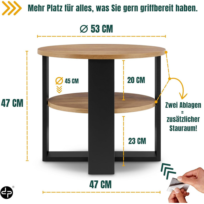 Круглий дубовий журнальний столик Ø53 см - Невеликий журнальний столик з полицею - 2 яруси, круглий сучасний журнальний столик в промисловому дизайні - Зроблено в ЄС Чорний та дубовий Діаметр 53 см