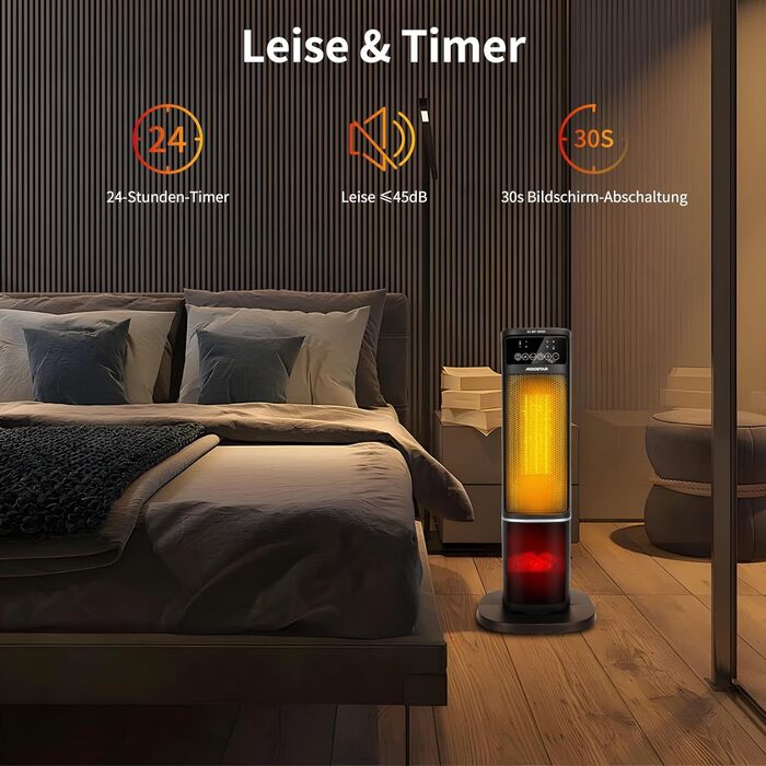 Енергозберігаючий, тихий електричний обігрівач з пультом дистанційного керування, сенсорним світлодіодним дисплеєм, нагрівальним елементом з 3D-полум&39ям, 2000 Вт, 5 режимів та ECO, регульована температура 5-35, таймер 24 години, коливання, чорний