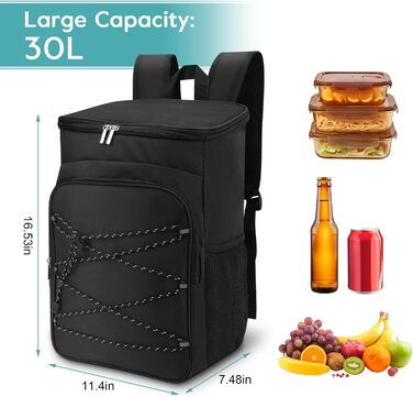 Рюкзак-холодильник, водонепроникний рюкзак-холодильник, велика ізольована сумка-холодильник для обіду для пікніків, кемпінгу, подорожей на природі, барбекю, походів, чорний