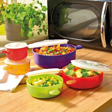 Кольорові контейнери Basilico для мікрохвильової печі, набір з 5 шт. Можна мити в посудомийній машині Підходять для заморожування, розігрівання або зберігання свіжості продуктів Миски для мікрохвильової печі з ручками Отвір для пари в кришці Посуд для мік