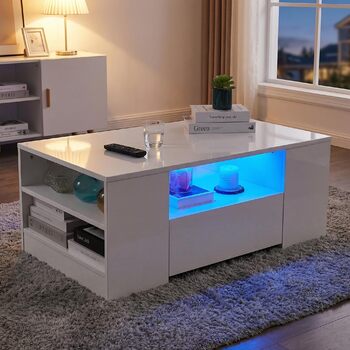 Журнальний столик зі світлодіодним підсвічуванням, сучасний диванний столик, стіл для вітальні з 2 шухлядами, 100x55x37 см, білий