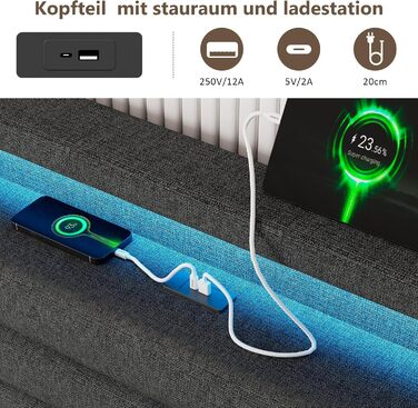 Ліжко FEONASE 140x200 з місцем для зберігання, М&39яке ліжко 140x200 см зі світлодіодним освітленням та зарядною станцією, Каркас ліжка з гідравлічним та лляним узголів&39ям, місцем для зберігання, Рейкова основа, Матрац не входить до комплекту, Темно-сір