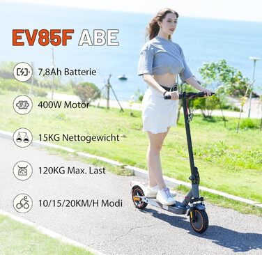 Електросамокат EVERCROSS EV85F з допуском до дорожнього руху (ABE), складаний електросамокат для дорослих із додатком - двигун 400 Вт, акумулятор 7,8 Аг, вага 15 кг, максимальне навантаження 120 кг, подвійне гальмо, два амортизатори 8,5 дюйма - акумулятор