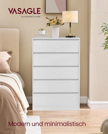 Комод VASAGLE з 5 шухлядами, комод, шафа з шухлядами, комод для білизни, для спальні, 40 x 60 x 97,4 см, колекція Modern Kailyn, білий LTS605WE01, 5 шухляд (60Ш см)