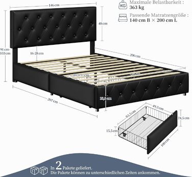 Ліжко Yaheetech з м&39якою оббивкою 140 x 200 см, двоспальне ліжко з 2 шухлядами, узголів&39ям з регульованою висотою, м&39яке ліжко з рейковою основою, багато місця для зберігання, чорний колір