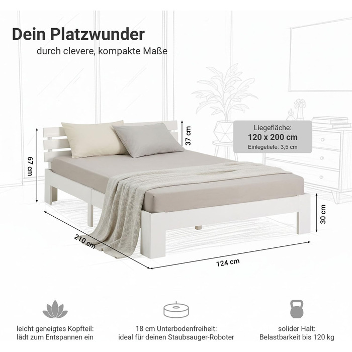 Дерев&39яне ліжко Homestyle4u 120x200 Білий каркас ліжка з масиву сосни з рейковою основою, сучасний футон для спальні Артикул 1892 120 x 200 см Білий