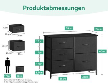 Комод Coleshome з 5 тканинними шухлядами, комод з 2 великими та 3 малими шухлядами, дерев&39яна стільниця, міцний сталевий каркас, підходить для спальні та вітальні, 76 x 29 x 60 см, чорний