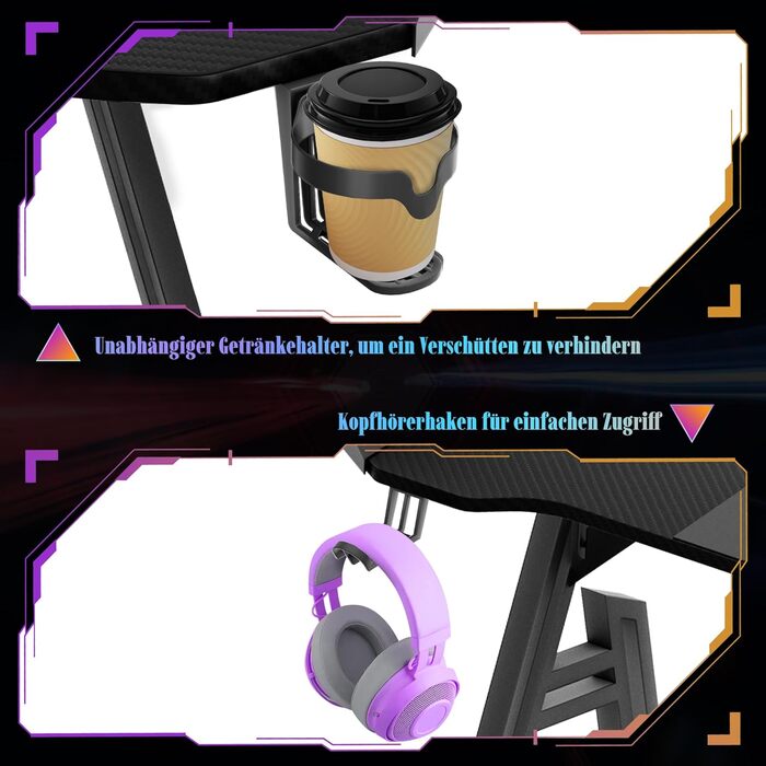 Ігровий стіл 120x60 см Ігровий стіл зі світлодіодним освітленням Комп&39ютерний стіл з карбоновою поверхнею Офісний стіл ПК з гачком для навушників та тримачем для напоїв, чорний 120 см