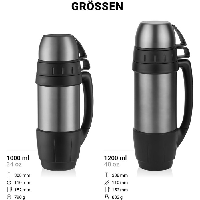 Термос 720DGREE з 2 чашками &39bigBoy&39 1,2 літра - Герметичний, міцний - Термос з нержавіючої сталі преміум-класу для гарячих напоїв, кави, чаю - Ізольована пляшка для пиття, Ізольована пляшка з 2 чашками 1200 мл Кам&39яно-сірий Сірий