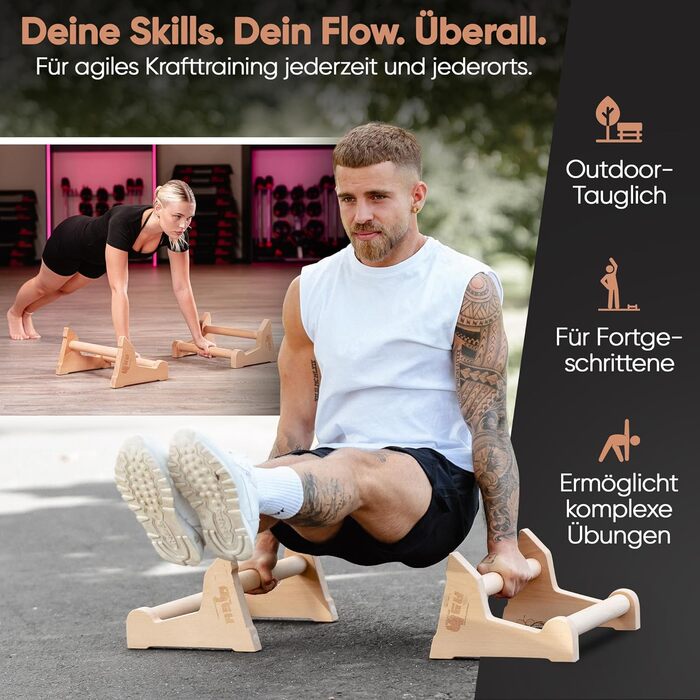 Ручки AS Calisthenics 3-в-1 - Паралети з регулюванням висоти для віджимань, підйомів та стійки на руках Нековзні та ергономічні грифи для віджимань з високоякісної деревини Ідеально підходить для домашнього спортзалу та тренувань на свіжому повітрі