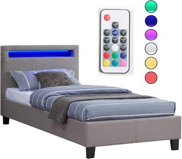 М'яке ліжко Гімалаї зі світлодіодним підсвічуванням односпальне молодіжне ліжко 90x200 см з рейковим каркасом, в сірому тканинному