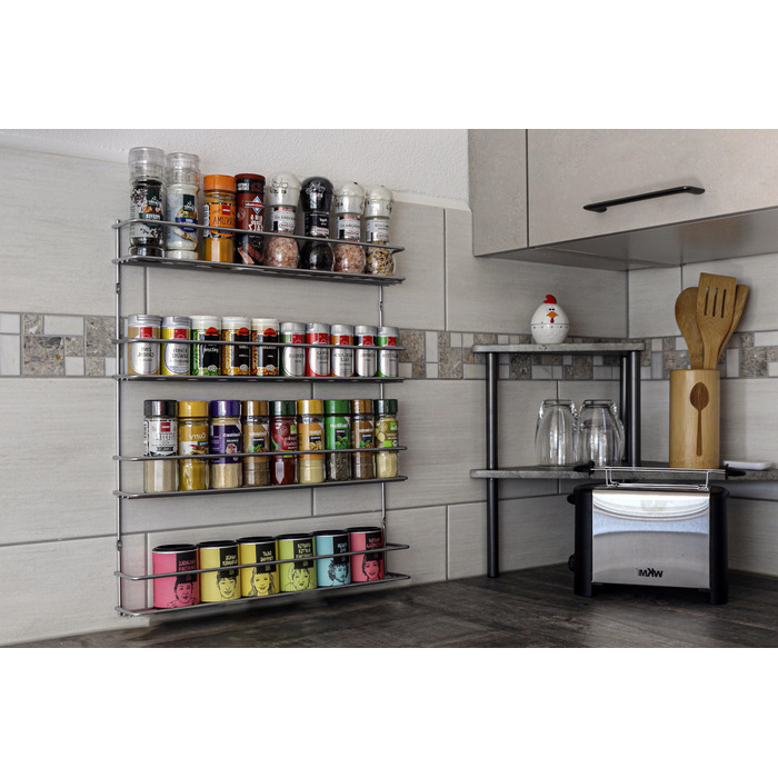 Рівнева стійка для спецій на дверцятах шафи - Широка - Підвісний органайзер для спецій - Органайзер для спецій на 4 x 10 баночок для спецій - Стійка для спецій кухонної шафи - Кухонна полиця 42,5 x 50,0 x 6,5 см (Срібляста), 4-