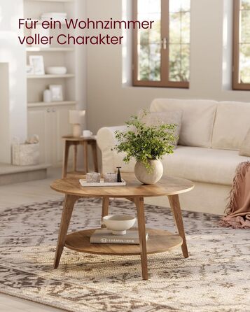 Круглий журнальний столик VASAGLE, 2-ярусний стіл для вітальні, діаметр 80 см, висота 45 см, легке складання, медово-коричневий LCT243K41