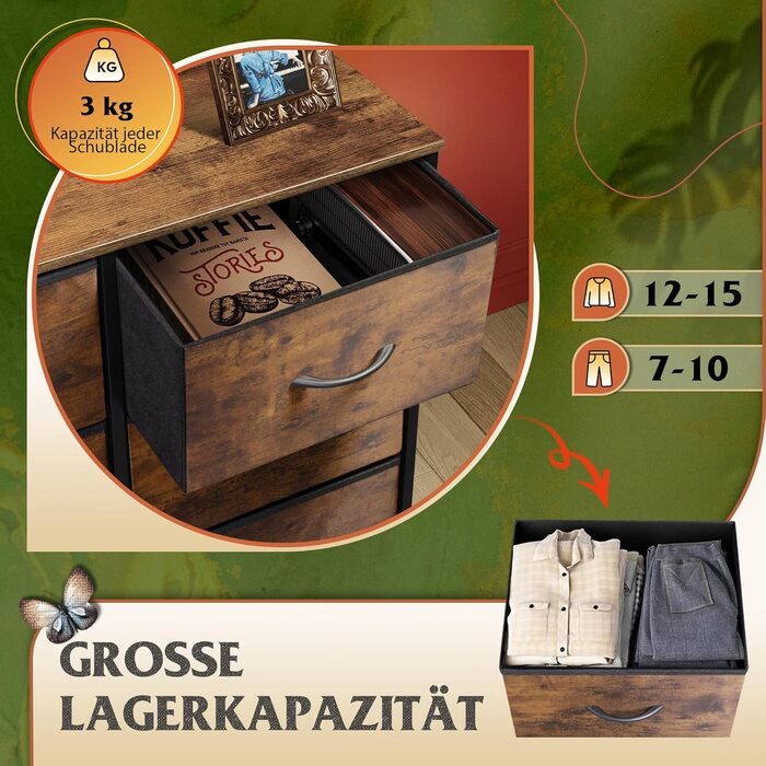 Комод WLIVE з 8 тканинними шухлядами, комод для спальні, комод для вітальні, з міцним сталевим каркасом, вінтажний коричнево-чорний