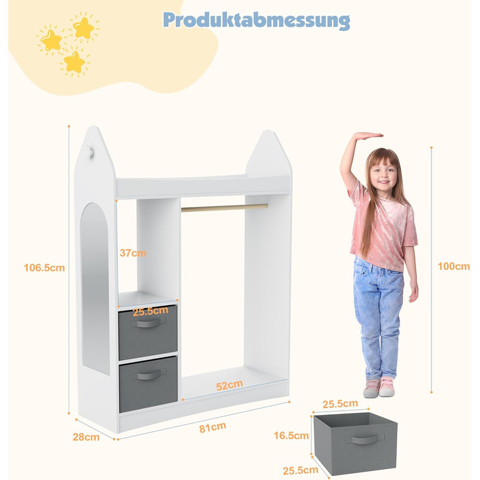 Дитяча шафа, дитяча вішалка для одягу з коробками, вішалка для одягу, дзеркало та полиці, дерев&39яна дитяча шафа, дитяча полиця 81 x 28 x 106,5 см (ракета з 2 шухлядами, біла) Біла ракета з 2 шухлядами
