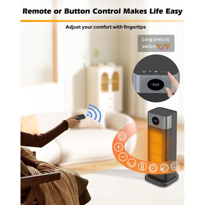 Енергозберігаючий вентилятор-обігрівач, керамічний вентилятор-обігрівач PTC потужністю 2000 Вт, кімнатний обігрівач з термостатом, дистанційним керуванням, коливаннями 70, таймером 12 годин, захистом від перегріву та перекидання, електричний обігрівач для