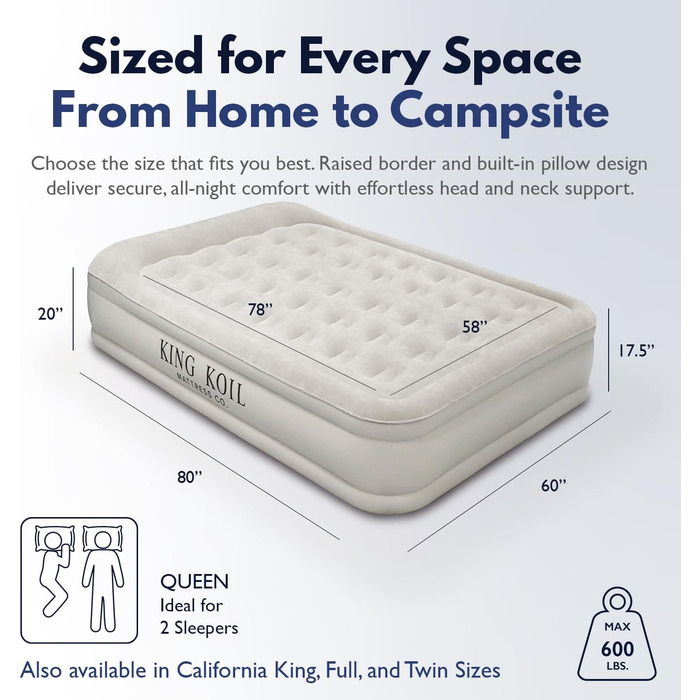 Надувний матрац KING Koil Unisex Luxury з вбудованим внутрішнім насосом 120 В змінного струму високої продуктивності, комфортною ковдрою, бежевий колір, 50,8 см