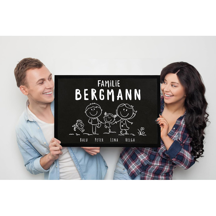 Персоналізований сімейний килимок для дверей з іменами 1, 2, 3 та більше дітей, собака, кіт, фігурка-паличка, білий, 60x40 см, фігурка-паличка біла