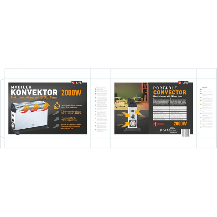 Конвектор X4-LIFE 2000 Вт з 24-годинним таймером, електричний обігрівач, економить витрати на електроенергію, захист від перегріву з індикатором, 3 режими нагріву від 750 Вт, обігріває площу до 25 м, портативний обігрівач з ручками для перенесення