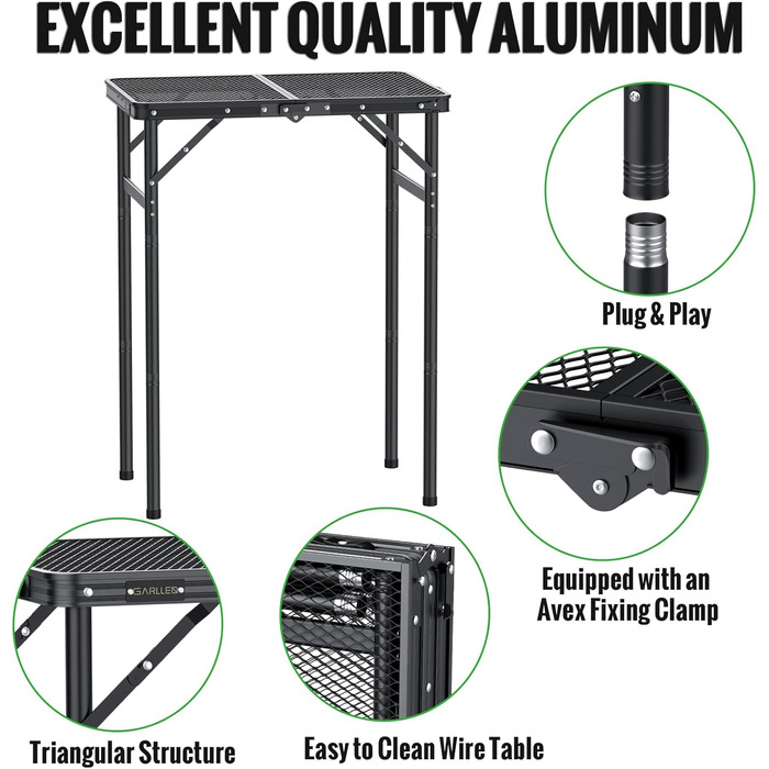 Складаний стіл-гриль GARLLEN, 60x40 см та 3 регульовані висоти (27/51/75 см), легкий та портативний, складаний стіл, кемпінговий стіл, бічний столик, садовий стіл, стіл для пікніка, невеликий стіл-гриль для кемпінгу, чорний, 60 x 40 x 27/51/75 см