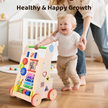 Дерев&39яні ходунки для дітей 8-в-1 з колесами та будівельними блоками, багатофункціональна іграшка-подарунок для малюків від 10 місяців до 1-2 років, кольору дерева