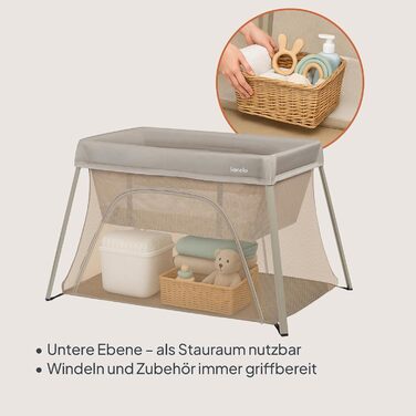 Дорожнє ліжечко/манеж Lionelo Alice 3-в-1 для дітей вагою від 0 до 15 кг, з поролоновим матрацом, 2 налаштування висоти, складне, компактне, легке, з боковим входом та бежевою дорожньою сумкою
