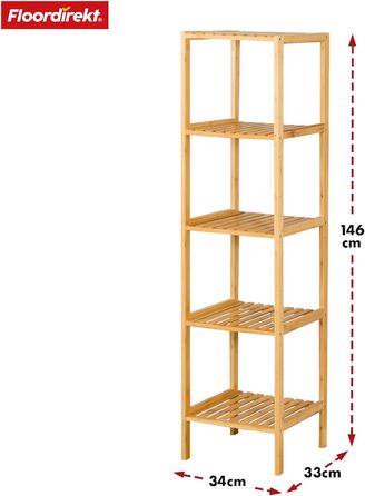 Бамбукова полиця Floordirekt, вузька окремостояча полиця для ванної кімнати, спальні, вітальні, дерев&39яна полиця з 3/5 полицями, розмір полиці 34 x 33 x 146 см (Lowa) (5 полиць)