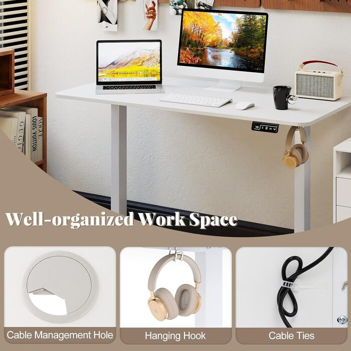 Електричний стіл LIFEZEAL для роботи сидячи та стоячи, регульований по висоті, з тримачем для навушників та органайзером для кабелів, ергономічний стіл з функцією пам&39яті для домашнього офісу, білий