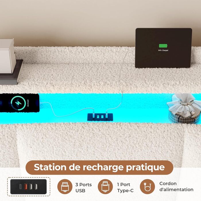 М&39яке ліжко 140x200 з розетками та світлодіодним освітленням, двоспальне ліжко з узголів&39ям для зберігання речей, ліжко 140x200 з гідравлічним металевим каркасом та дерев&39яною рейковою основою, букле, бежевий (без матраца) 140x200 см бежевий