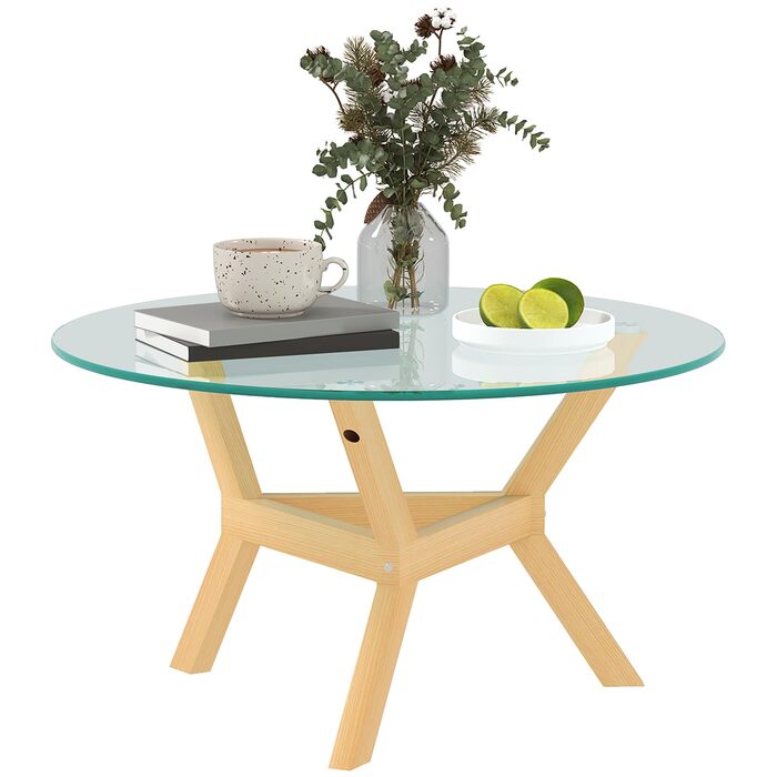 Журнальний столик HOMCOM із загартованого скла, стіл для вітальні з регульованими подушками для ніг та сталевим каркасом, круглий бічний столик для вітальні, прозорий, Ø80 x 45 см