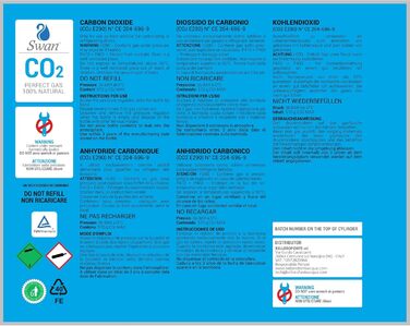 Одноразова циліндрична пляшка Swan CO2 600 гр E290 З'єднання для вуглекислого газу 11 м для виробників газованої води, охолоджувальних установок та диспенсерів для питної води, 6 шт.
