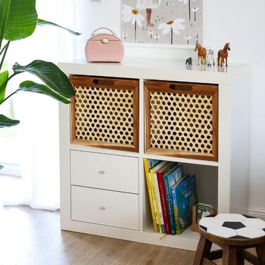 Кошик для зберігання HMF, що підходить для полиць Kallax, кошик з ротанга з віденським плетеним лозом та деревиною акації Візерунок 2 32 x 34 x 32 см