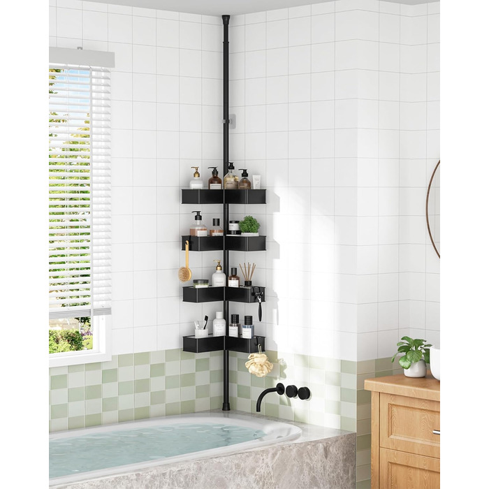 Кутова полиця для душу Kitsure з телескопічною стійкою, регульована по висоті, металеві кошики, монтаж без свердління, висота 87-290 см, ширина 24.6 см, чорний колір (24.6 x 24.6 x 290 см)
