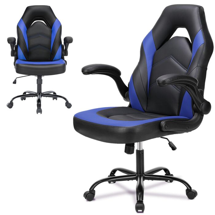 Ергономічне ігрове крісло зі складними підлокітниками, регульована висота (107-116 см), поворот на 360, штучна шкіра, тихі колеса, складні підлокітники, офісне крісло для ігор та домашнього офісу, синього кольору