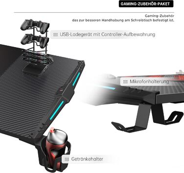 Ігровий стіл EUREKA ERGONOMIC, 140 x 60 см, МДФ / сталь / вуглецеве волокно, чорний