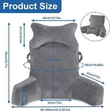 Подушка для читання на ліжко, 90 x 80 см (ДxВ), XXL спинна подушка для диванів для дорослих з підлокітниками та знімним потиличним валиком, спинка для читання з кишенею для ліжка, дивана, підлоги та стільця, світло-сіра
