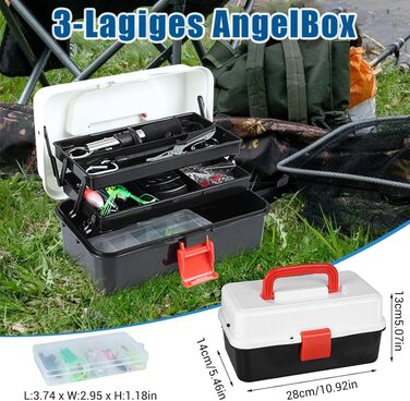 Набір рибальських снастей із 213 предметів, включаючи затискачі для губ, рибальські луски, знімач гачків, гачки, рибальські приманки тощо, набір снастей для лову окуня та форелі, 3-поличний ящик для снастей з аксесуарами для дітей, дорослих та початківців