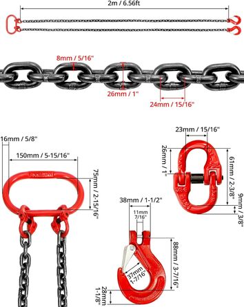 Підйомний строп QWORK 3T - 1M - 2 Strand - Ланцюг з марганцевої сталі G80 (8 мм) - Гачок з високоміцної легованої сталі (2м)