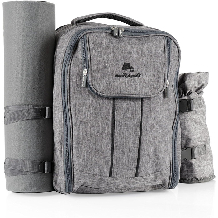 Рюкзак для пікніка CampFeuer для 4 осіб Сірий Набір для пікніка з 32 предметів Включає тримач для пляшок та флісову ковдру, велике відділення-холодильник, посуд та столові прибори Рюкзак для походів, рюкзак для кемпінгу