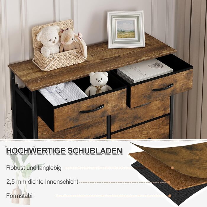 Комод WOLTU з 8 тканинними шухлядами, міцний металевий каркас, вінтажний дизайн, для спальні, вітальні, коридору, дитячої кімнати, 86x30x89 см, вінтажний коричневий чорний, SSK006hov Вінтажний коричневий чорний 8 тканинних шухляд