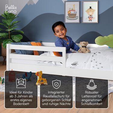 Ліжко Bellabino Iskri на підлозі 90x200 см Дитяче ліжко Монтессорі із захистом від падіння та рейковою основою Дерев&39яне ліжко для хлопчиків та дівчаток з масиву сосни білого кольору Ліжко для малюків білого кольору 90x200 см без матраца