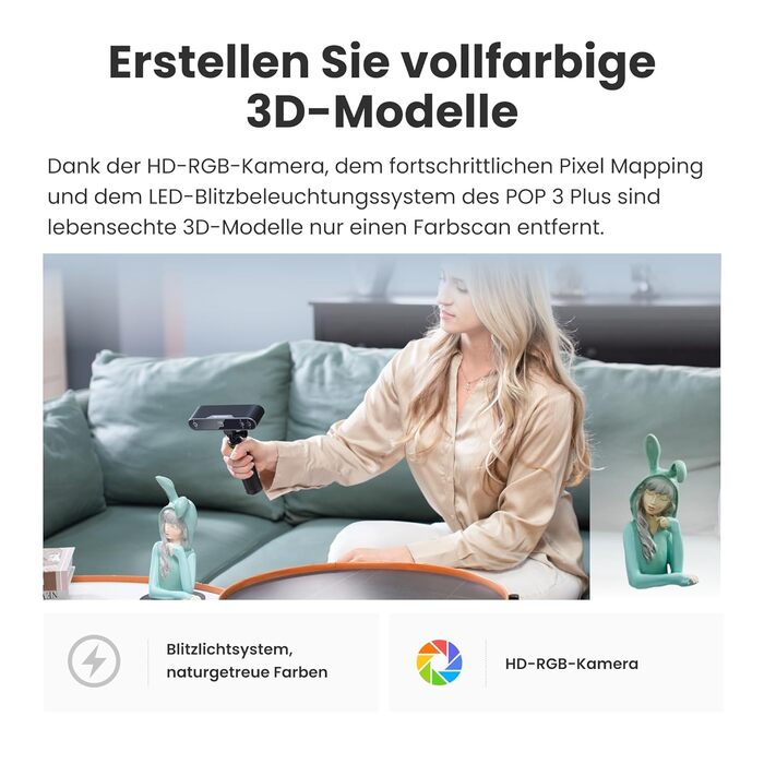 Сканер Revopoint POP 3 Plus для 3D-друку, ручний сканер із високою точністю 0,04 мм, повнокольорове сканування середніх обєктів, 3