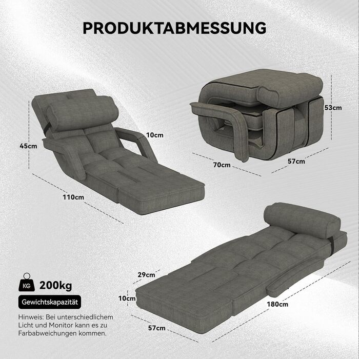 Регульоване підлогове крісло UNIONLINE, складне, з підлокітниками, ігрове крісло з подушкою та підставкою для ніг, одне крісло, ліжко для спальні, дому, офісу, темно-сіре