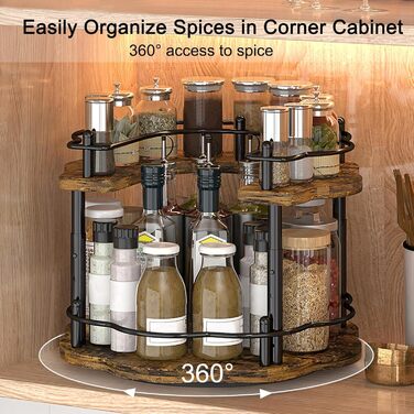 Підставка для спецій, обертовий органайзер для кухонної полиці, 2-рівнева, дерев&39яна підставка для спецій, стояча, підставка для спецій на кухонній стільниці, обертова кутова полиця &quotlazy Susan&quot, 3 регульовані по висоті для кухонної стільниці та