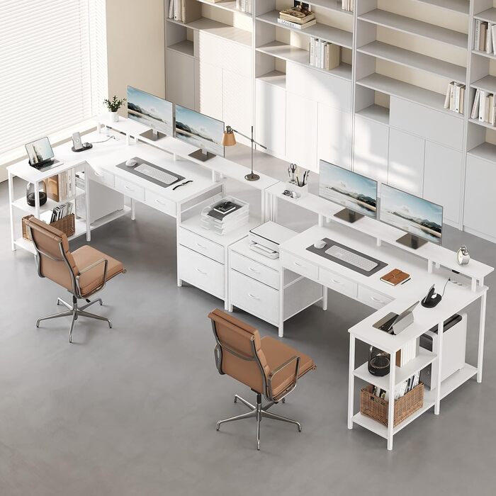 Г-подібний письмовий стіл на сім столів, комп&39ютерний стіл з розеткою, світлодіодним освітленням та підставкою для монітора, кутовий стіл з двостороннім розташуванням головок та шухлядами, ідеально підходить для спальні, офісу, вітальні, білий