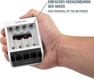 Зарядний пристрій Ansmann Comfort Smart для акумуляторів типу AA та AAA з 4 батареями типу AA ємністю 2850 мАг Швидка зарядка з функцією швидкої перевірки ємності У комплекті USB-кабель довжиною 1 м 3 роки гарантії, білий (1001-0092-02)