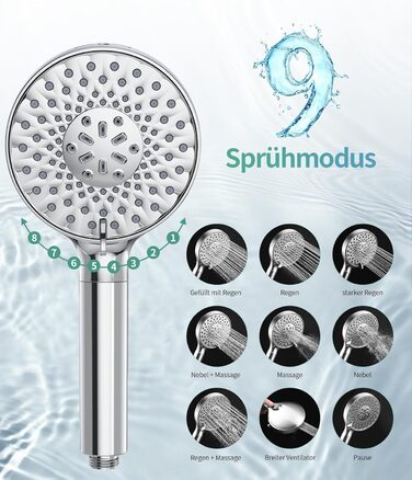 Душова лійка SR SUN RISE з фільтром, шланг та картриджі для фільтрації, 9 режимів розпилення з 4-ступеневим фільтром води, високий тиск для жорсткої води, видаляє залишковий хлор, важкі метали та бактерії, хромоване покриття з іонами срібла